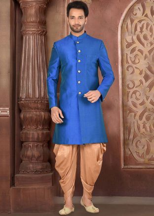 Blue Readymade Silk Sherwani With Dhoti Pant