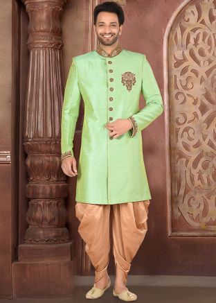 Green Readymade Embroidered Sherwani Dhoti Set