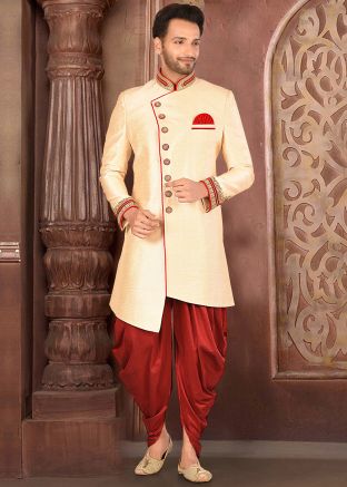 Readymade Cream Asymmetric Sherwani With Dhoti