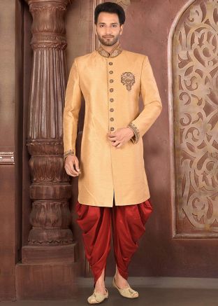 Orange Embroidered Silk Sherwani With Dhoti