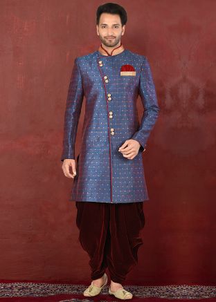 Navy Blue Woven Readymade Art Silk Sherwani Dhoti Set