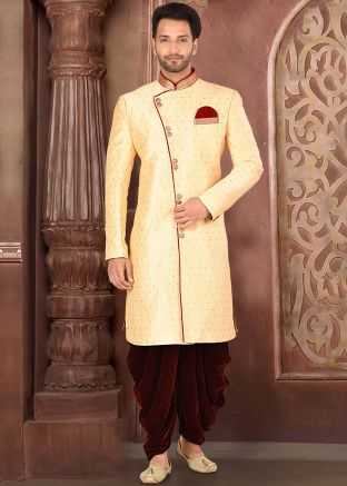 Cream Readymade Art Silk Woven Sherwani Dhoti Set