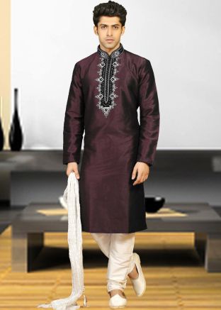 Readymade Magenta Embroidered Kurta Churidar Set