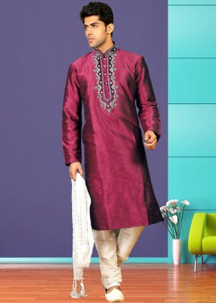 Magenta Readymade Embroidered Kurta Churidar Set