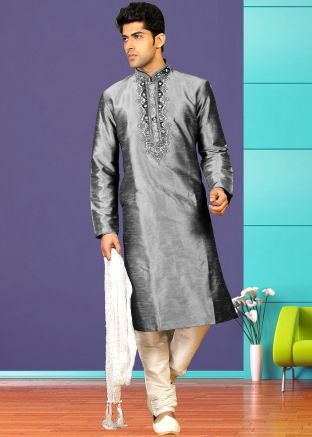 Grey Readymade Embroidered Kurta Churidar Set