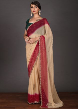 Beige Hand Work Chiffon Saree With Blouse