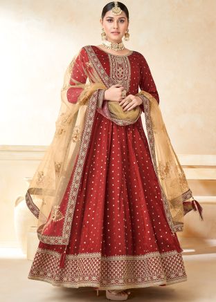Red Embroidered Anarkali Suit Set &Dupatta