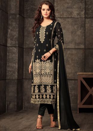 Black Embroidered Straight Cut Suit Set