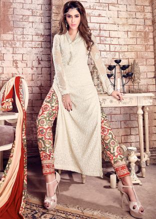 Off-White Embroidered Suit Set In Georgette