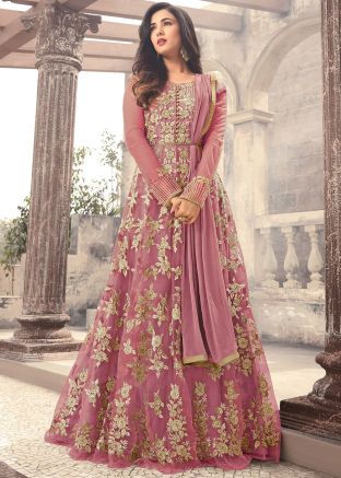 Sonal Chauhan Pink Anarkali Suit Set In Net
