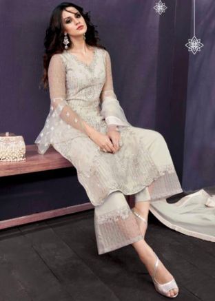 Off-White Net Embroidered Palazzo Suit Set