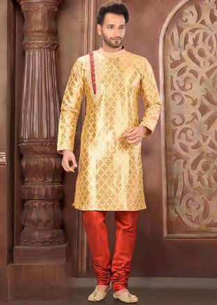 Yellow Jacquard Woven Kurta With Churidar