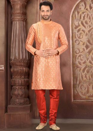 Orange Woven Readymade Kurta With Churidar