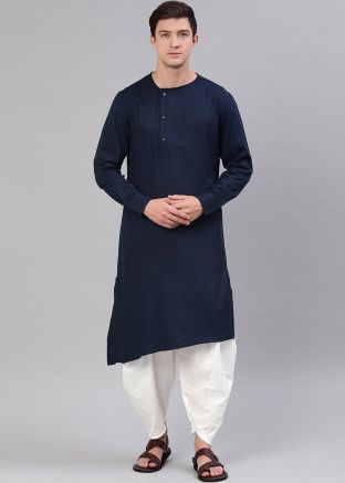 Navy Blue Readymade Asymmetric Kurta With Dhoti