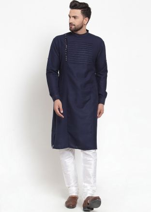 Navy Blue Cotton Readymade Kurta Churidar Set