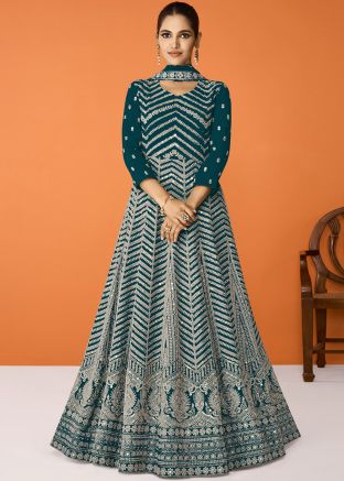 Teal Blue Embroidered Abaya Style Anarkali Suit Set