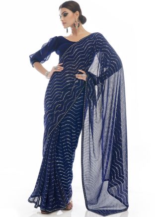 Blue Sequined Contemporary Saree In Georgette