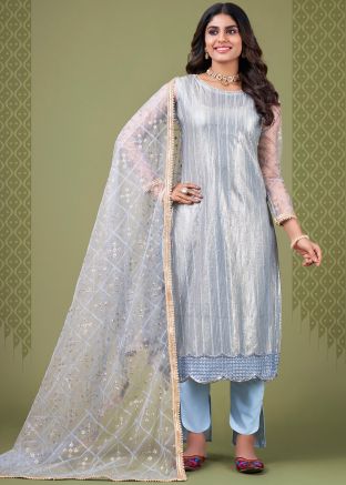 Blue Sequins Embellished Pant Suit Set In Net