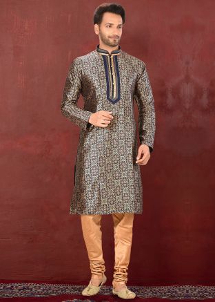 Navy Blue and Golden Woven Kurta Churidar Set