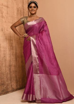 Pink Plain Banarasi Silk Saree With Blouse