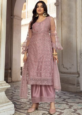 Mauve Pink Embroidered Palazzo Suit Set
