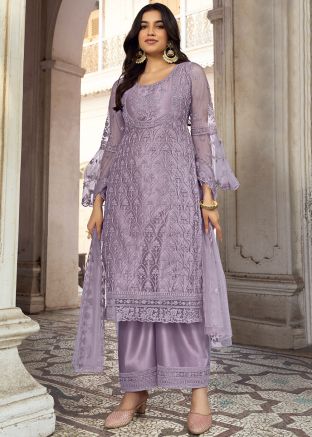 Purple Embroidered Straight Cut Suit Set