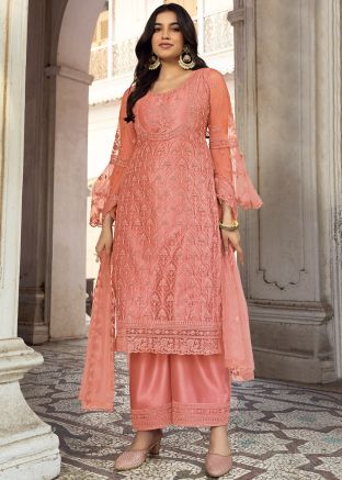 Peach Net Straight Cut Palazzo Suit Set