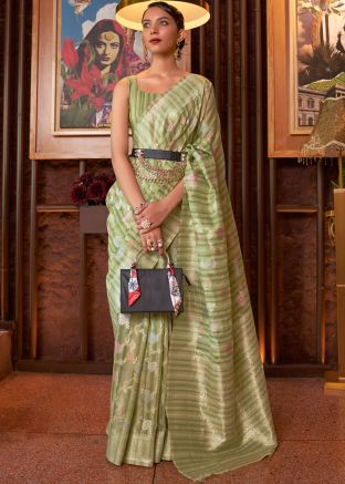Green Floral Linen Saree With Woven Motifs