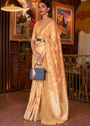 Orange Zari Woven Festive Saree In Linen