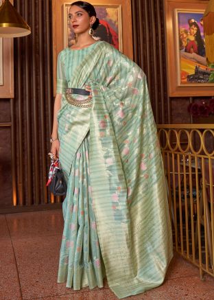 Blue Zari Woven Floral Saree In Linen