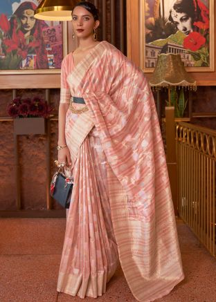 Peach Linen Woven Saree With Blouse