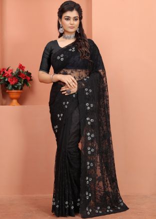 Black Net Embroidered Saree & Blouse