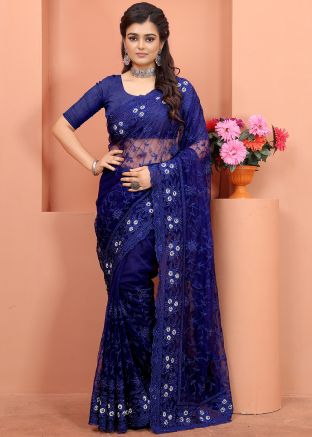 Blue Festive Wear Embroidered Saree