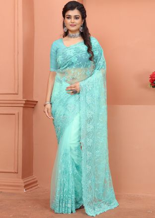 Blue Embroidered Net Saree & Blouse
