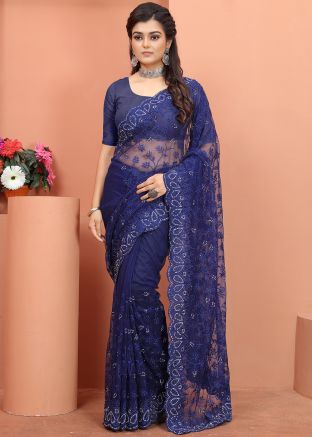 Resham Embroidered Net Saree In Blue