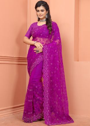 Pink Embroidered Festive Wear Net Saree
