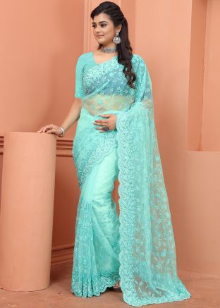 Blue Net Saree With Resham Embroidery