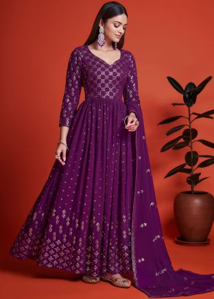 Purple Sequins Embellished Georgette Anarkali Suit