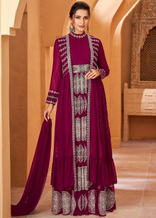 Purple Embroidered Jacket Style Anarkali Suit