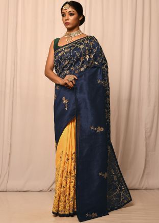 Navy Blue & Yellow Half N Half Embroidered Saree