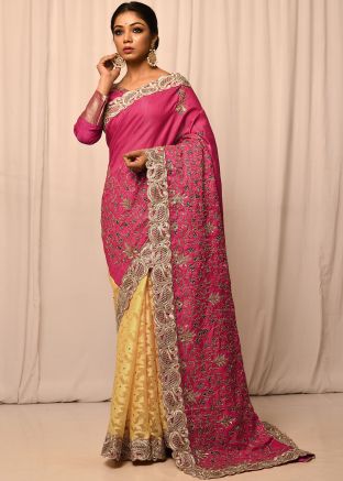 Pink & Yellow Half N Half Embellished Saree In Silk