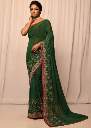 Green Embroidered Saree In Georgette