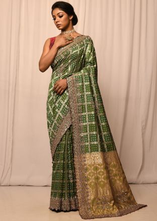 Green Embroidered Border Saree In Kanjivaram Silk
