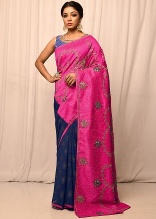 Pink & Navy Blue Embroidered Half N Half Saree In Silk