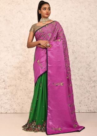 Pink & Green Embroidered Saree In Half N Half Style