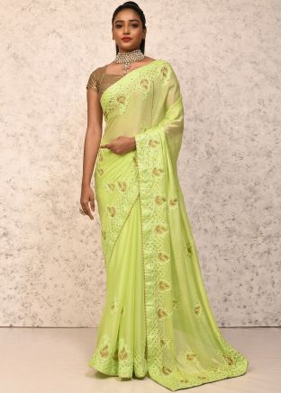 Green Satin Embroidered Saree With Blouse