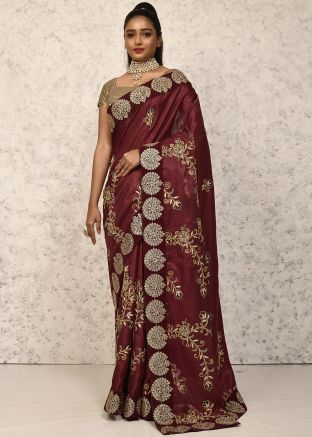 Maroon Embroidered Silk Saree & Blouse