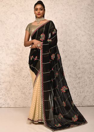 Black & Cream Embroidered Half N Half Saree