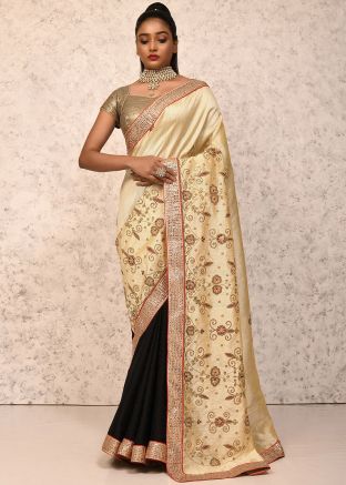 Cream & Black Embroidered Half N Half Saree