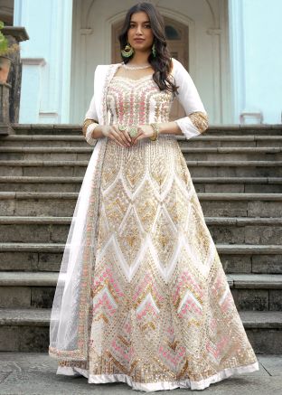 White Sequins Embroidered Anarkali Style Suit Set